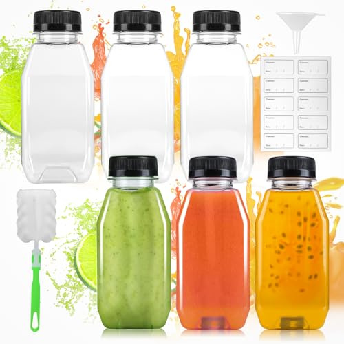 HOCUCHELAND 6 Pack 11.84oz/350ml Plastic Juice Bottles, Shot Bottles with Lids Funnel Brush Stickers, Leak-Proof and Reusable, Small Shot Bottle for Various Homemade Fruit Drinks Milk Water Beverages