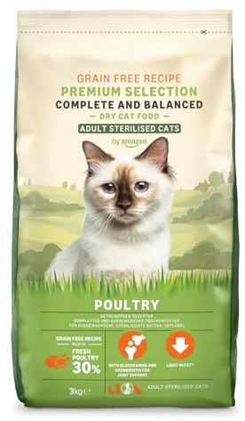 by Amazon Getreidefreies Rezept für Katzen, Trockenfutter (sterilisiert/leicht) mit frischem Huhn, 3 kg