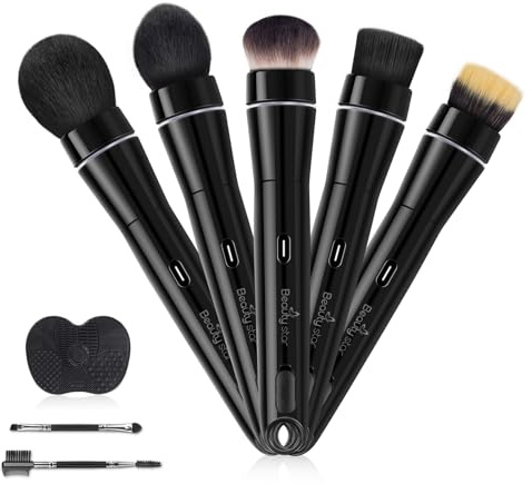 360° Electric Rotating Makeup Brush Set, 5 Vegan Brush Heads, Rechargeable Blending Face Brushes For Foundation, Blush, Powder, Bronzer, Contour, Highlight & Airbrush Finish, Flat Kabuki Brush