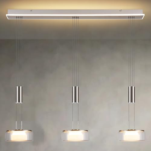 PIOUTNF Modern Led Pendelleuchte Glas, Hängelampe Esstisch mit 3 Flammig, Hängend Esstischlampe, Höhenverstellbar, Lampe Wohnzimmer mit Fernbedienung, für Kücheninsel, Küche, Esszimmer