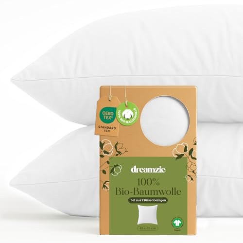 Dreamzie - Kissenbezug 65x65cm - 2er Set - 100% Bio-Baumwolle - Weiß | GOTS & Oeko-Tex zertifiziert · mit Reißverschluss · Kopfkissenbezug & Kissenhülle · Jersey · atmungsaktiv · waschbar 60°C