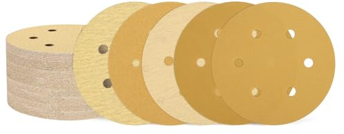 sourcing map 50Pcs 6In Sanding Disc 6 Hole Hook & Loop Gold Aluminum Oxide | 80/100/120/150/220 Grit Sandpaper Random Orbital Sander Pads for Woodworking Automotive Metal Polishing