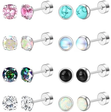 FANCH 8Paare G23 Titan Ohrstecker Set für Damen Mädchen Hypoallergene CZ Opal Türkis Mondstein Chirurgenstahl Ohrringe Flache Rückseite Medizinische Ohrstecker Knorpel Tragus Piercings 20G 6mm