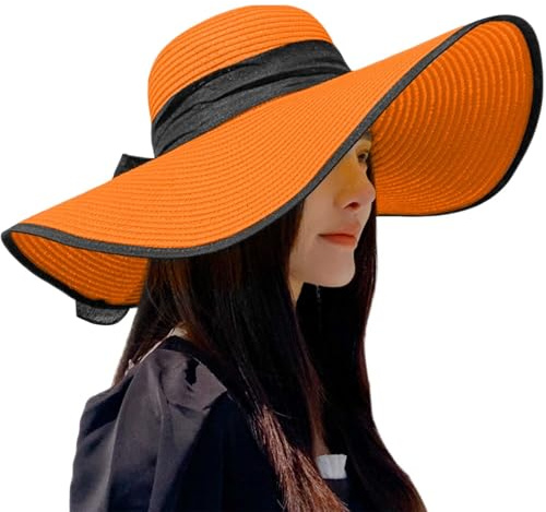 Strandhüte für Damen, großer Strohhut mit breiter Krempe, Sommerhut, Schlapphut, faltbar, aufrollbar, Sonnenhut, Großpackung, Orange, Einheitsgröße