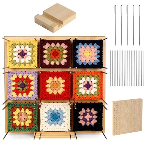 Tavoletta in Legno per Crochet, 20 x 20 cm Tavoletta Blocking Board | Accessori per Uncinetto, Tavola di Bloccaggio per Uncinetto,con 1 Base,10 Aste Bastoncini in Acciaio,5 Aghi per Occhielli