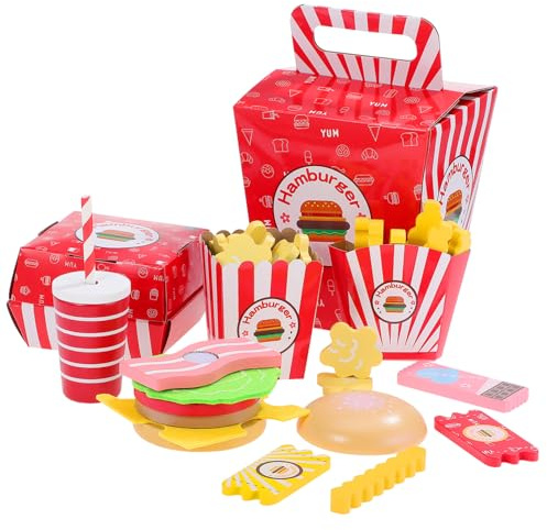 FUNNETOYU Holzspielzeug Set Kinderküche Fast Food Spiellebensmittel Hamburger Pommes Set Holz Spielküche Küchenspielzeug für Kleinkinder und Vorschulkinder