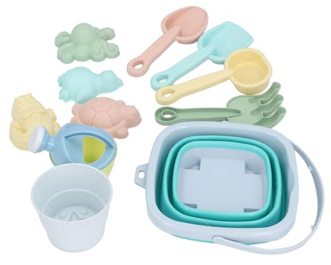 Fockety 11pcs Kids Beach Toys Set, Collapsible Sand Bucket and Shovels Sandbox Toys with Sand Molds, Beach for Toddlers Girls, Boys Interactive (Blue)