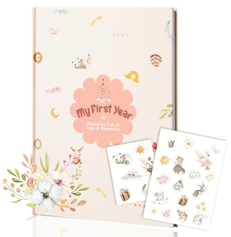 Mein erstes Jahr Baby Erinnerungsbuch - A4 Tagebuch & Erinnerungsalbum mit schönem Blumenmotiv, inklusive 24 Stickern, Geschenk zur Geburt, Taufe & Babyparty
