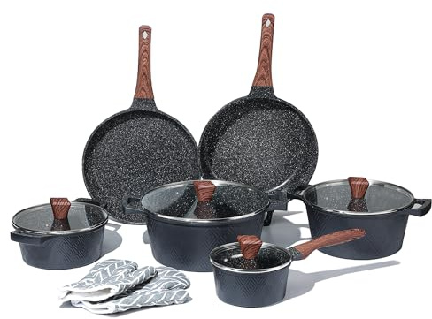 Royal Swiss Juego de cocina de 12 piezas de aluminio con revestimiento antiadherente de mármol, para inducción, gas, eléctrico y cerámica, tapa de cristal con salida de vapor, sin PFAS, apto para
