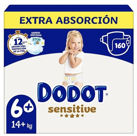 Dodot Sensitive Pañales, Talla 6 +, Extra Absorción, 160 Unidades, Para Bebés 14+ kg, 12 Horas de Protección, Con Barreras Antifugas y Materiales Ultra Suaves