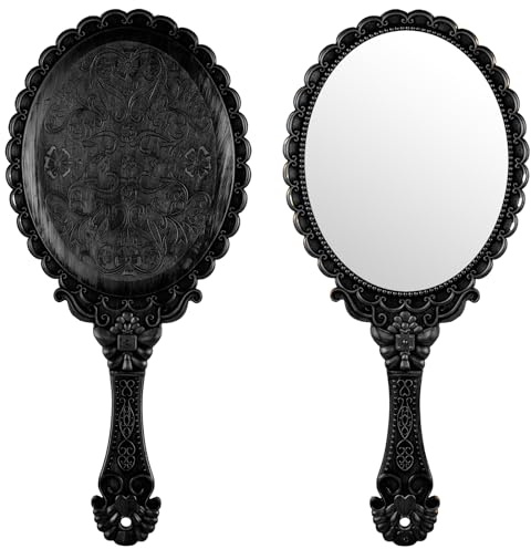Vintage-Handspiegel Mit Griff, Eleganter Schminkspiegel, Tragbarer Reise-Handspiegel Aus Kunststoff Für Damen, Ideal Für Make-Up Auf Reisen, Partys Und Als Schreibtischaccessoire, Schwarz