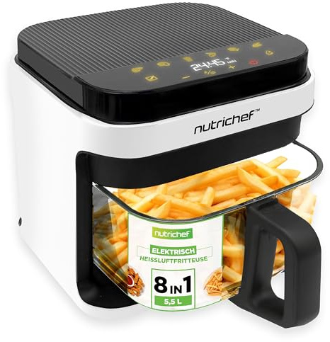 NutriChef Freidora de aire caliente de 5,5 L, color blanco, 8 en 1, con recipiente de cristal y pantalla táctil LED, para freír sin aceite, circulación de aire caliente de 360°, para patatas, pollo
