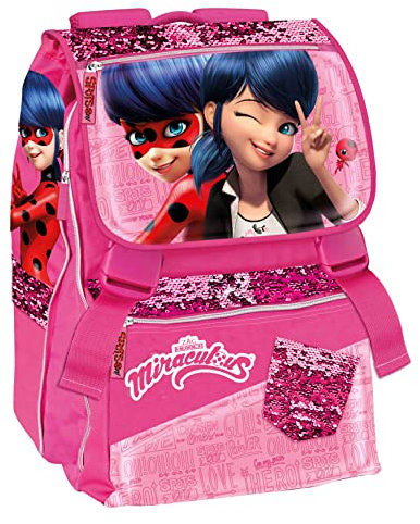 MIRACULOUS - Zaino Scuola Ladybug Regolabile, con Estensione Soffietto 9 cm, Ampio Vano, Chiusure Zip e Tasche - Zainetto Bambina con Paillettes + Etichetta Nome Frontale, 29x41x13,5 cm, Rosa Fucsia