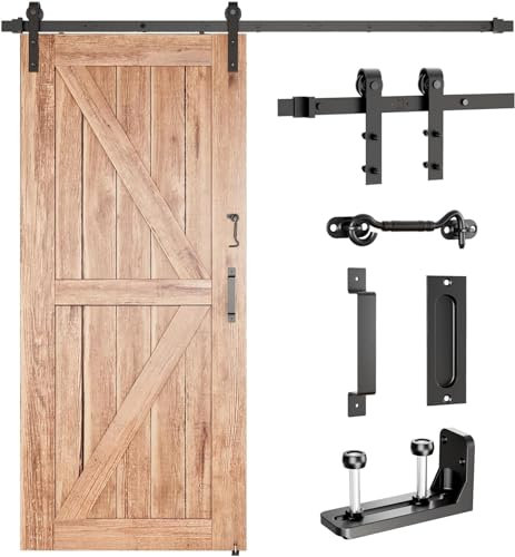 JZVXX 1,8 m Skjutbar ladugårdsdörr kit, passar för dörrpanelens bredd upp till 91,4 cm, ladugårdsdörrhandtag/drag/krok/guide ingår - kombination spårläge - steg för steg-manual ingår. (JD-6FT-5)