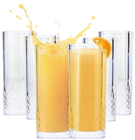 Almineez Stylish Set of 6 Hi Ball Plastic Acrylic Drink Tumblers Crystal Effect Glass Cups - Reusable Glasses Great for Picnics, BBQ’s, Poolside, Camping, Children’s Parties