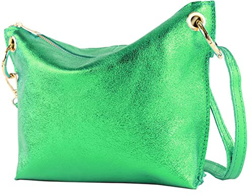 modamoda de - T243 - ital. Umhängetasche Klein Small aus Leder, Farbe:Grün-Metallic
