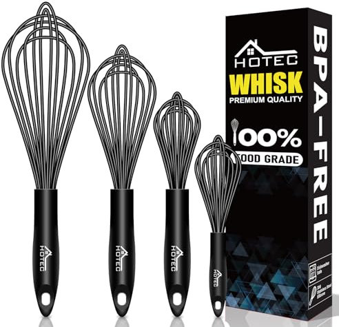 HOTEC Set di 4 fruste in silicone, fruste a palloncino con manico antiscivolo, per pentole antiaderenti, perfette per cucinare, mescolare, sbattere e mescolare (nero)