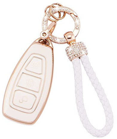 Autoschlüssel Hülle für Ford Zubehör 3 Tasten Schlüsselhülle-Weißgold | Auto TPU Schlüsselcover für Fiesta Focus C-Max Galaxy B-Max Grand C-Max Kuga Mondeo S-Max mit Schlüsselanhänger