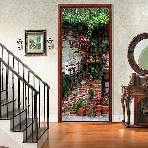 A.Monamour Türtapete Selbstklebend Türfolie Türposter 3D Blumen Im Hof Vinyl Folie Türdeko Tapete Wandbild Türaufkleber Türtattoo 90x200cm