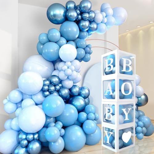 DataMoon Baby Shower Decorations for Boy - Navy Blue Baby Blue Different Sizes Light Blue Balloon Arch Kit,4pcs Boxes with Letters for Baby Boy Shower,Happy Birthday Decorations,Gender Reveal Party