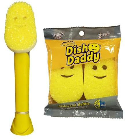 Scrub Daddy Dish Daddy Wand & Refill Heads, Soap Dispensing Dish Brush, Texture Changing Washing Up Sponge With Liquid Handle, Handle Sponge and Built-in Scraper & Scrubbing Head, Drip stand, Yellow