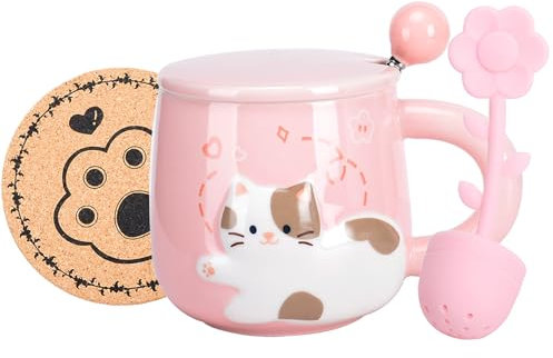Süß Keramik Teetassen mit Blume Infuser,Lustige Katze Kaffeetassen mit Deckel, Löffel und Untersetzer, Einzigartiges Personalisiert Teebecher Set Geschenke für Mädchen Frauen Kinder Geburtstagsgeschek