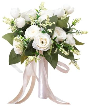 Cosiesnest Wedding Bride Bouquet Artificial Roses Flowers Holding Flowers Bouquet Silk Roses Real Touch Fake Rose Flower Bouquets Romantic Bouquets for Home Wedding Party Decoration (White)