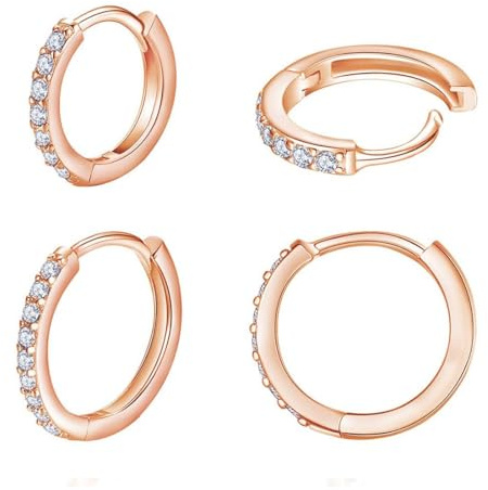 LICHUANUK 2 Paare Silber Creolen für Frauen - Titan Stahl Mit Zirkonia, Roségold Sleeper Knorpel (6/8mm)