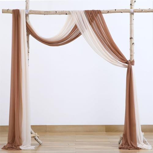 FANSU Vorhang Hochzeitsbogen, Set mit 2 Stück Querbehang Freihanddeko Chiffon Tüll Stoff Deko Vorhang Hochzeit Querbehang Deko Gardinen für Party (2.4x19.6ft/75x600cm,Hellbraun + Champagner)