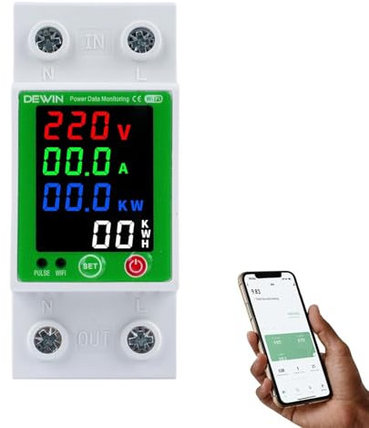 DEWIN Stromzähler Hutschiene, WLAN Smart Energiezähler Stromverbrauchsmesser mit Über Unterspannungsschutz, Überstromschutz, Leckageschutz und Übertemperaturschutz 2P 63A AC 230V