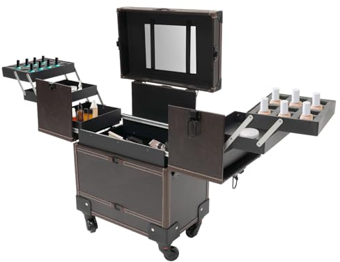 VonVVer Kosmetikkoffer Trolley - Kosmetikkoffer mit Spiegel 37x24.3x101cm Make up Koffer Schminkkoffer mit Rollen Friseurkoffer für Reisen, Geschenkidee (Dunkelbraun)