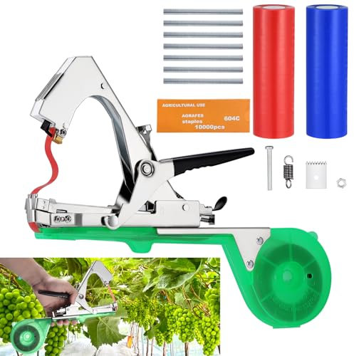 Faankiton Plant Tying Machine, Garden Tape Tool Plant Binding Machine, Plant Tying Tool, Agriculture Tapetool Vineyard Tying Machine, 20 Rolls Tape+10000PCS Staples, Green