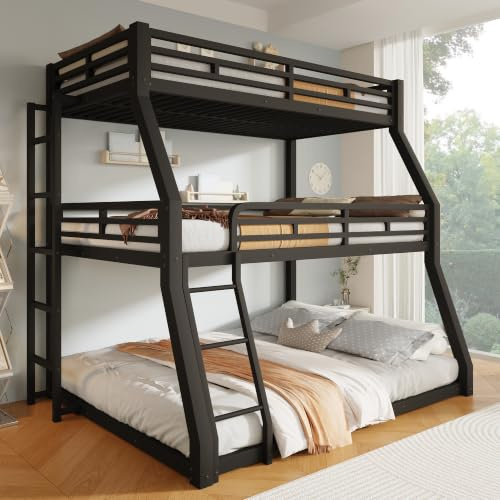 Zravenna Dreifach-Etagenbett Hochbett 90x200 cm mit Leiter, Metallbett Eisenbett, Familienbett Hochbett für 3 Kinder, Jugendliche und Erwachsene, Schwarz