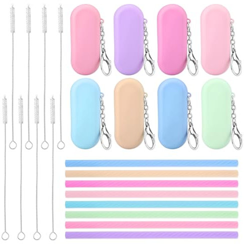Lot de 8 pailles de voyage réutilisables, pliables et portables avec brosses de nettoyage, pailles en silicone avec étui pour école, bureau, fête, pique-nique, voyage (8 couleurs)
