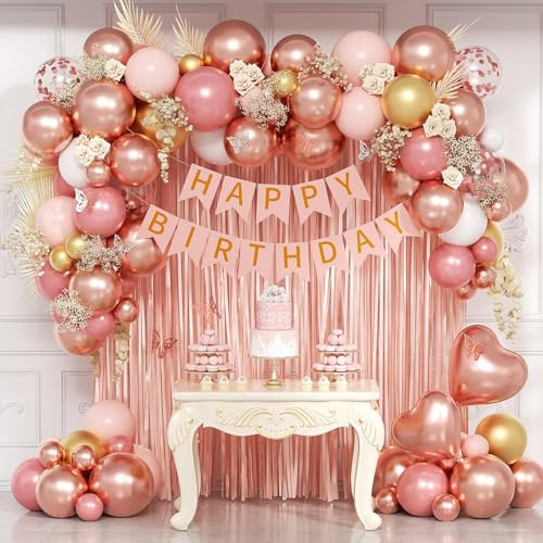 Rose Gold Birthday Decorations with Metallic Pearl Rose Gold Confetti Light Pink White Foil Balloons Fringe Curtain Banner Happy Birthday Decorations for Women