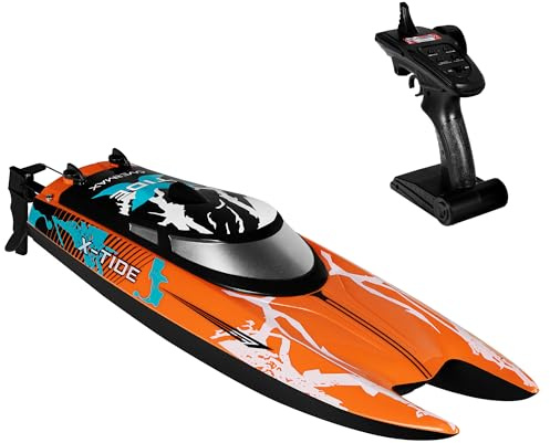 Overmax X-Tide Ferngesteuertes RC-Speedboat Rennboot mit LED 25 km/h 1200 mAh Akkus 34 Minuten Spaß Geschwindigkeitsregulierung Reichweite bis zu 100 m, Schwimmbad- und Seespielzeug