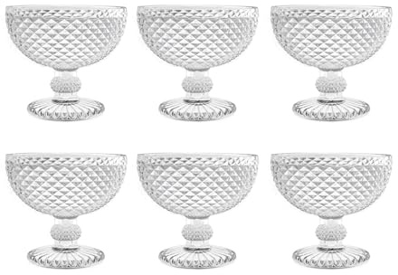 H&H Set 6 Ciotole Diamantato in Vetro con Piede – Altezza 11 cm – Design Elegante con Lavorazione Sfaccettata – Ideali per Dessert, Gelato, Frutta – Lavabili in Lavastoviglie