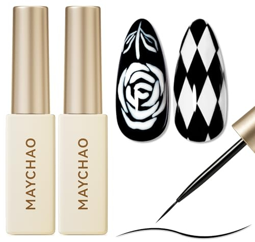 MAYCHAO 2pcs Black White Gel Liner Nail Art Set 3D Effect Gel Nail Polish 8ml Build in Thin Brush Painted Drawing Stripper Nail Varnish Curing Requires for Home Salon