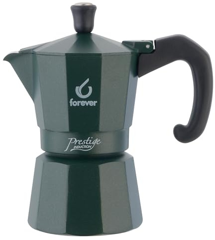 FOREVER Caffettiera Moka per Induzione, Miss Moka Prestige Induction 'All Green', Caffettiera Moka per Casa, Caffettiera Portatile per Viaggio, inclusa Guarnizione in Silicone (2 Tazze)