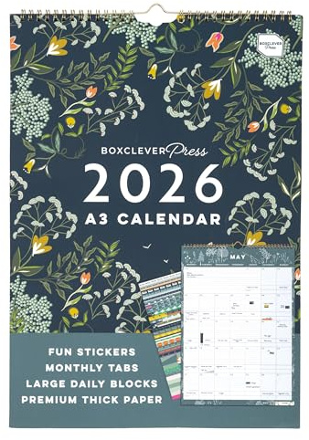 Boxclever Press Perfekt år A3 2026 kalender. Familjekalender 2026 löper jan – dec 26. Väggorganiserare 2026 med månatliga flikar. Stor familjeplanerare