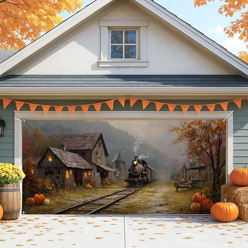 Cubierta rústica vintage para puerta de cochera, decoración de granja grande de otoño para Halloween y Acción de Gracias, decoraciones de otoño al aire libre, 157 x 71 pulgadas