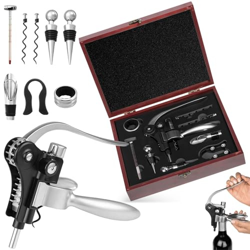 9Pcs Sacacorchos Profesional Manual, Juego ​​Abridor Botellas Vino Conejo con Caja Regalo Madera, Decantador, Antigoteo, Accesorios Abrebotellas para Regalos Hombre Navidad, Cumpleaños, Día Del Padre