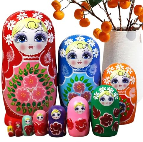 Woalopted Poupées Russes Gigognes - 10 Pièces en Bois Dessin Animé Fait Main | Jouets de Poupées Gigognes et Empilables pour | pour Adultes Garçons et Filles Maison et École Anniversaire Noël