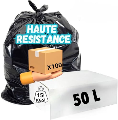 Sacs poubelle 50L noirs utra résistants X 100 | Polyéthylène recyclé | Anti Fuites - Perforation | Charges mi lourdes et lourdes | Usages privés et Professionnels | Fabrication Europeenne | (100)