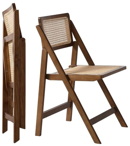 LIMHOME Klappstuhl mit Rattan-Sitzfläche, Eiche-Nussbaum | Natürliches Rattan, 360° drehbare Rückenlehne, Massivholz