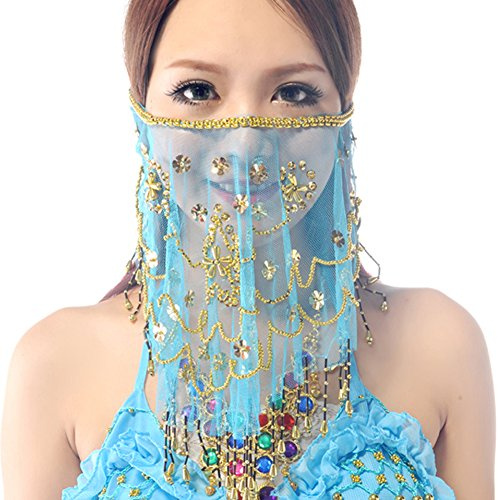 Wuchieal Women's Belly Dance Tribal Face Veil With Halloween Costume Accessory (Light Blue)