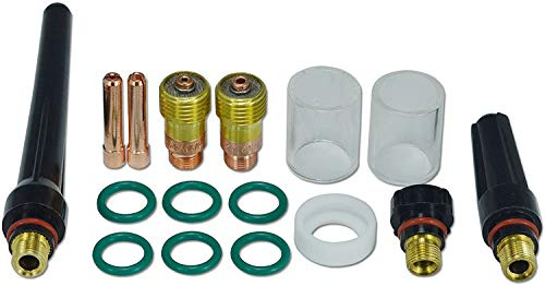 RIVERWELD TIG Kurz Gaslinsen 17GL116 10N23S 1,6 mm, 17GL332 10N24S 2,4 mm, Glaskannen aus reinem Quarz Düse #10 16 mm Gasdichtung 17GLG20 für SR WP 17 18 26 WIG-Schweißbrenner 16 Stück | Enthält Quarzglas-Gasschutzhülsen 17GL116 10N23S und 17GL332 10N24S, Düse Nr. 10 (16 mm), Gasdichtung 17GLG20