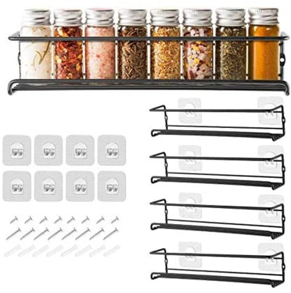 GEEDIAR Spice Racks Organiser - 4 Tier Hanging Stainless Steel Wall Mounted with Adhensive Stickder & Screws - Kitchen & Pantry Shelf for Condiments, Spice Jars (Black)