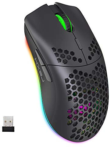 Wireless Gaming Mouse, 2.4G Lightweight Honeycomb Shell Ergonomic RGB Mice with 750mAh Rechargeable Battery, Energy Saving, 6 Buttons & Mini USB Receiver for Windows, Mac OS, Laptop, Smart TV(Black)