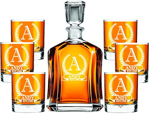 AIGAT Juego de decantador personalizado grabado personalizado con 6 vasos de whisky de 270 ml, tamaño del decantador 700 ml